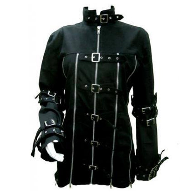 Women Gothic PUNK Steampunk Coat Buckle Bondage Black Jacket Zip Buckle Coat